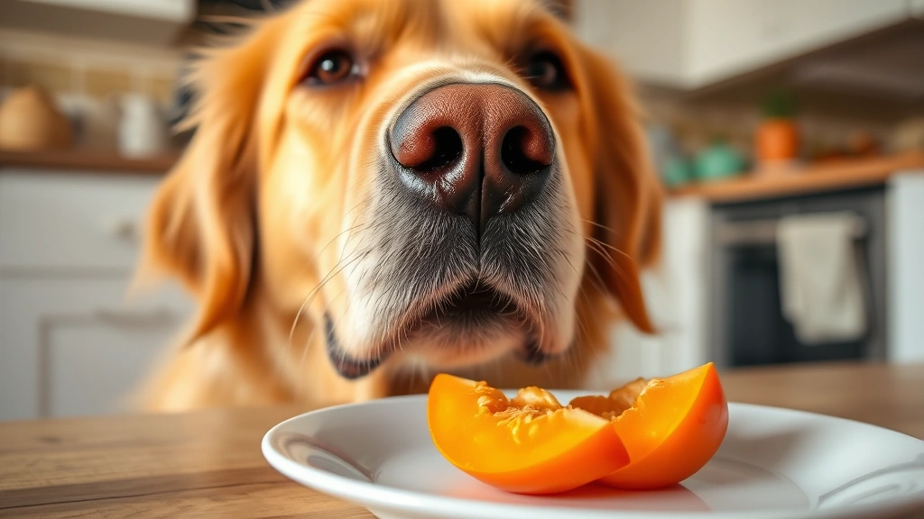 Close-up of a golden retriever's face looking curiously at a small piece of fresh persimmon on a plate, warm home kitchen setting
