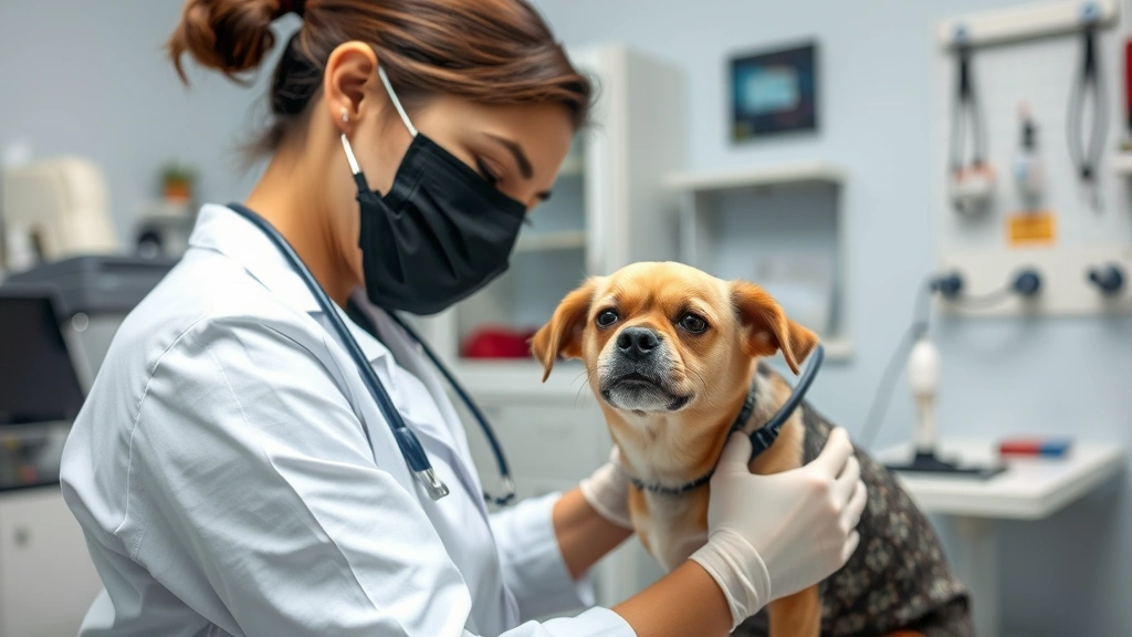 Veterinarian examining a small dog during a wellness check, clean clinic environment with medical equipment visible in background, professional and caring atmosphere