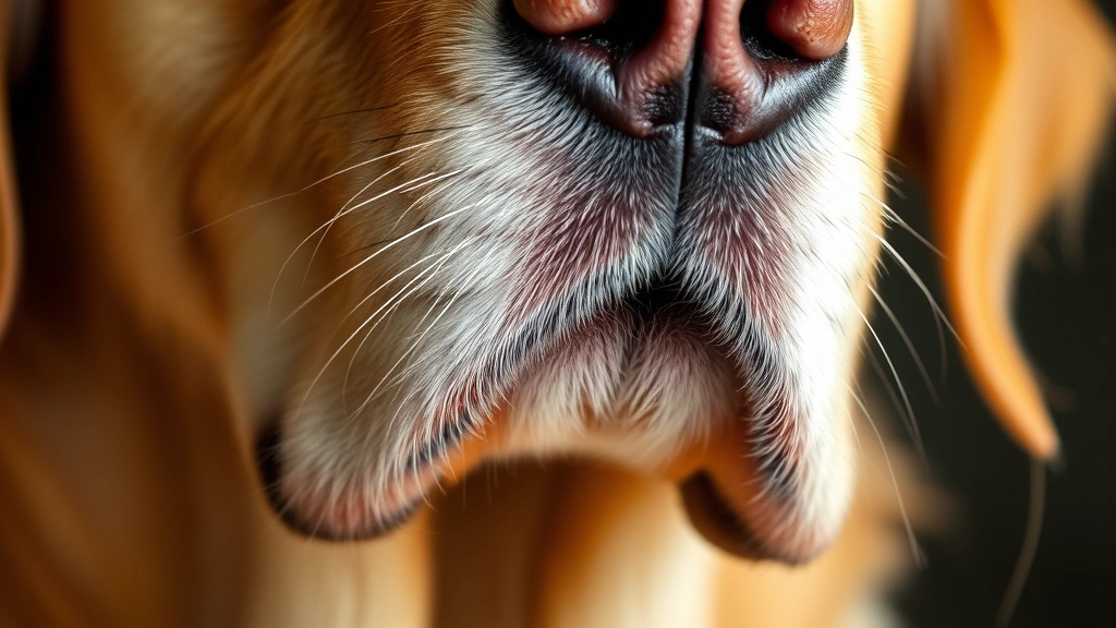 Close-up of a golden retriever's chin and muzzle area showing healthy skin texture without any blemishes, soft natural lighting