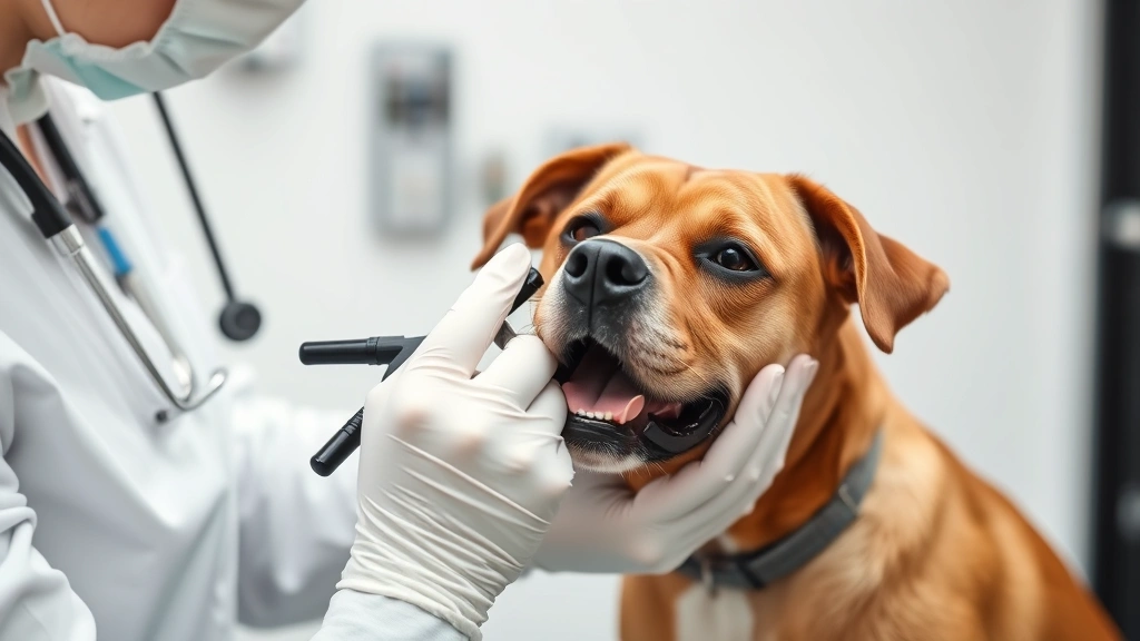 Veterinarian examining a brown dog's face during a skin check appointment, professional clinic setting with medical tools