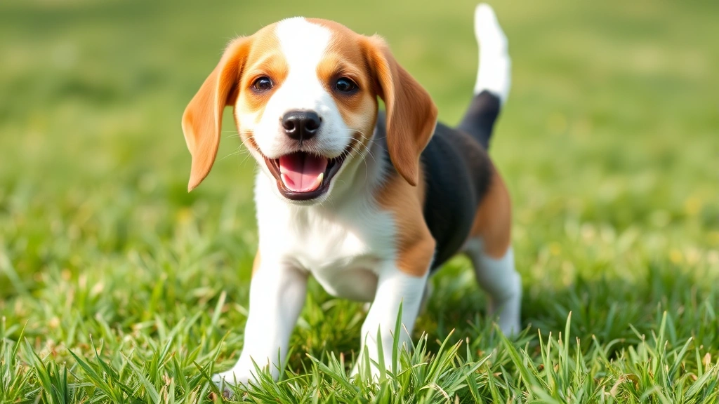 Happy beagle puppy playing in grass outdoors, energetic and playful with clean, healthy-looking coat and skin