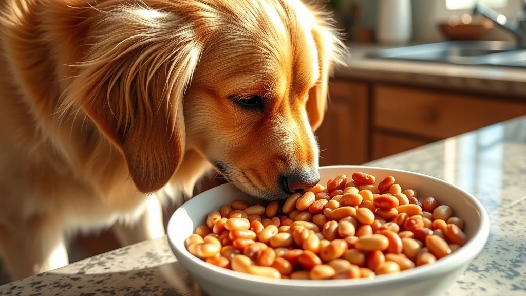 Golden retriever sniffing at a bowl of cooked brown and white beans on a kitchen counter, natural lighting