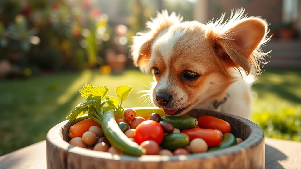 Small dog enjoying a healthy treat bowl with various vegetables and beans, outdoor garden setting, warm sunlight