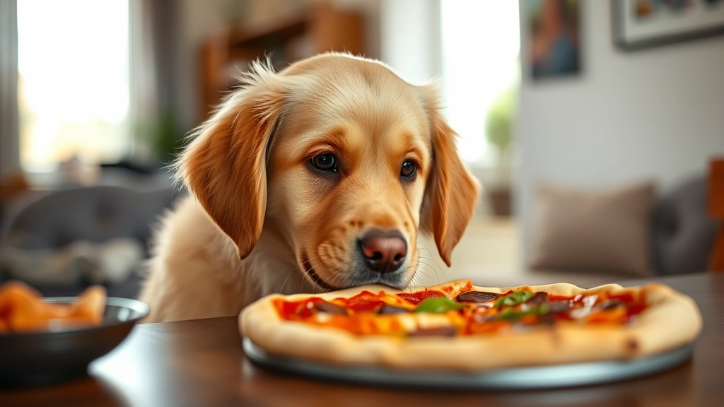 Golden Retriever with puppy eyes looking at pizza on a table, soft lighting, indoor home setting, shallow depth of field