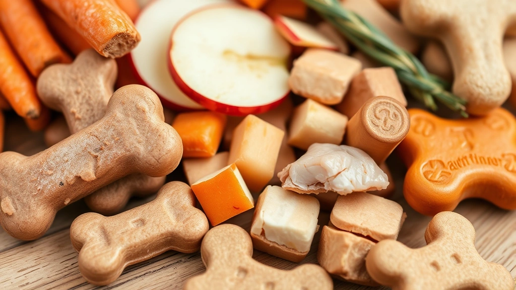Close-up of various dog treats including carrots, apple slices, chicken pieces, and dog biscuits arranged on a wooden surface