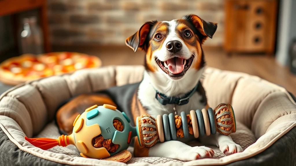 Cheerful mixed breed dog sitting in a dog bed with a puzzle toy and treat-filled kong toy, blurred pizza party in background