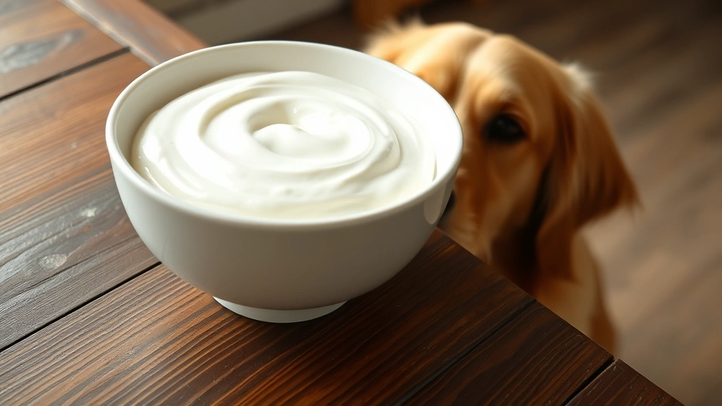 Golden retriever eagerly looking at a bowl of creamy white Greek yogurt on wooden table, natural lighting, no text