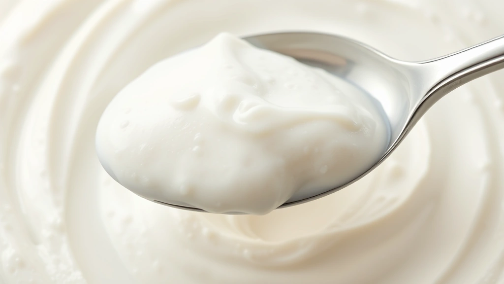 Close up of plain Greek yogurt texture with spoon, fresh and smooth dairy product, no text