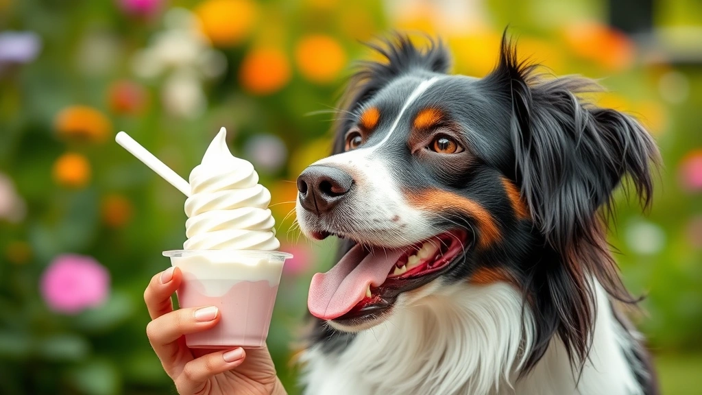 Happy dog enjoying frozen Greek yogurt treat in summer garden setting, blurred background, no text