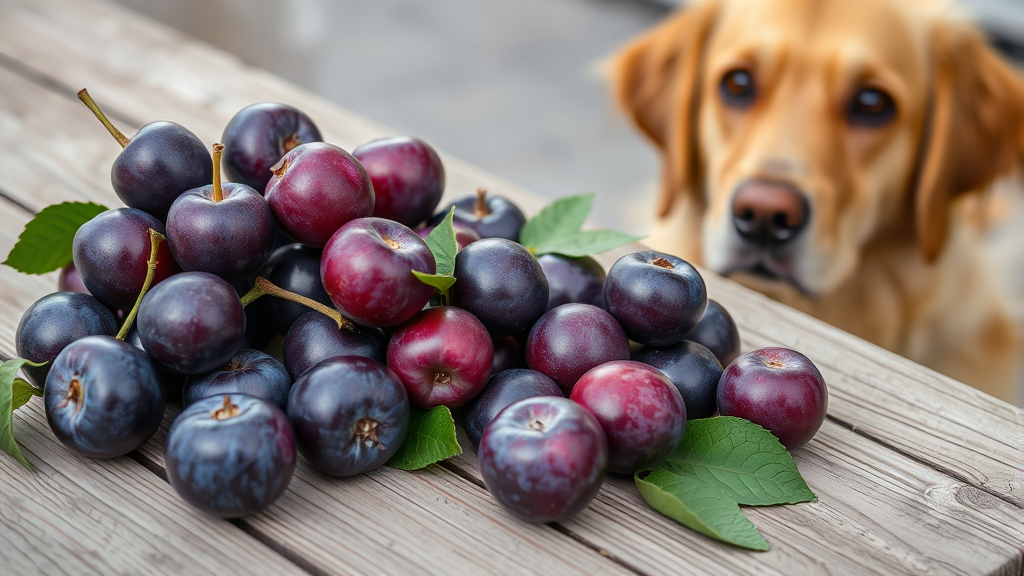 Fresh purple plums arranged on wooden surface with concerned golden retriever looking nearby, natural lighting, no text no words no letters