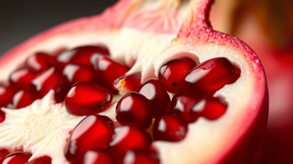 Close-up of pomegranate cut in half showing ruby red seeds and arils, vibrant fresh fruit photography