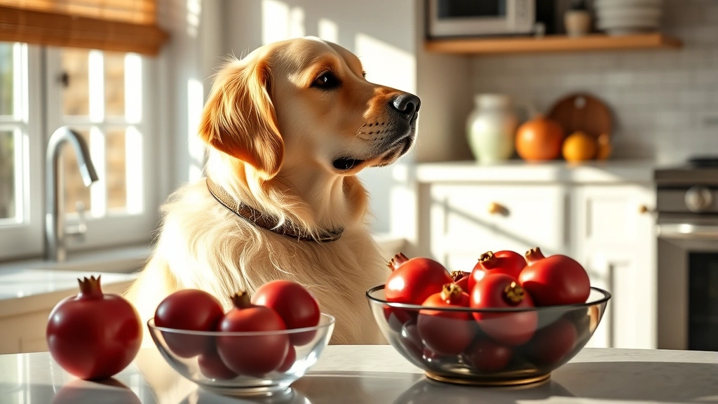 Golden Retriever sitting in a sunny kitchen looking at a bowl of fresh pomegranates on a counter