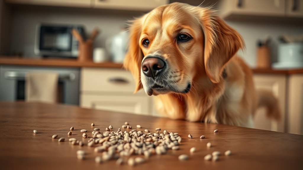 Golden retriever looking curiously at scattered poppy seeds on kitchen counter, warm lighting, no text no words no letters