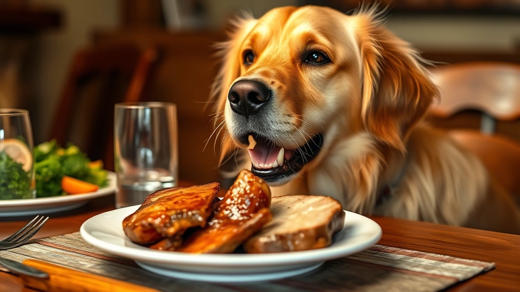 Golden retriever looking eagerly at a plate of cooked pork chops on a dining table, photorealistic, warm lighting, dog in focus