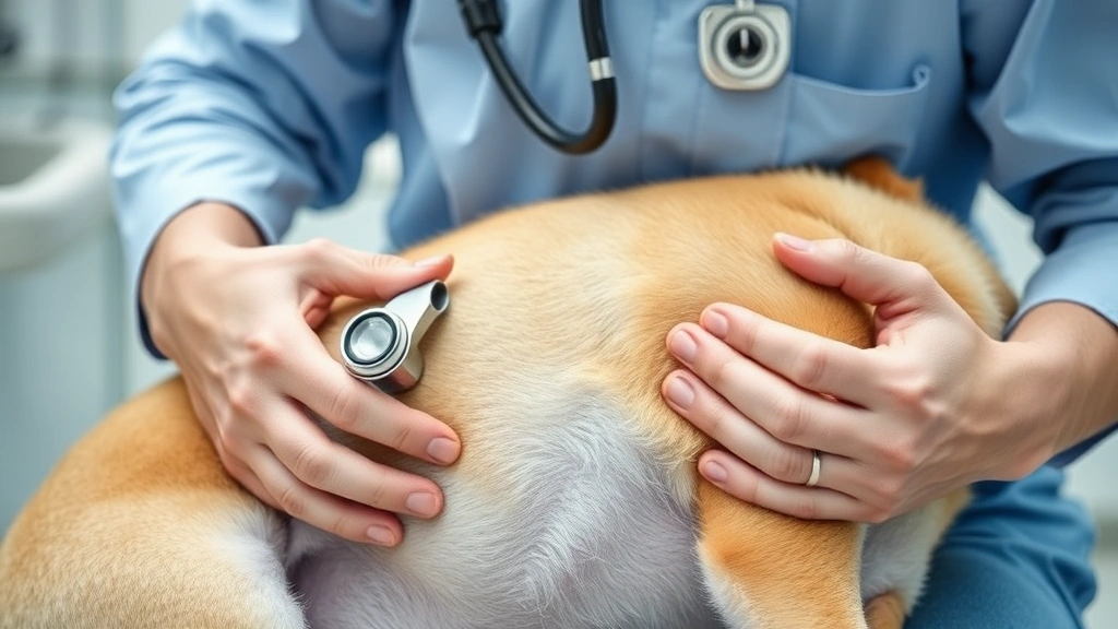 Close-up of a veterinarian examining a light brown dog's abdomen with a stethoscope in a clinical setting, photorealistic, professional environment