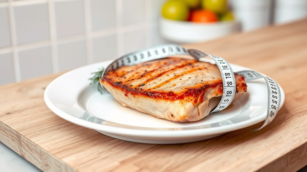 Plain cooked pork chop on a white ceramic plate with a measuring tape wrapped around it, photorealistic, clean kitchen background