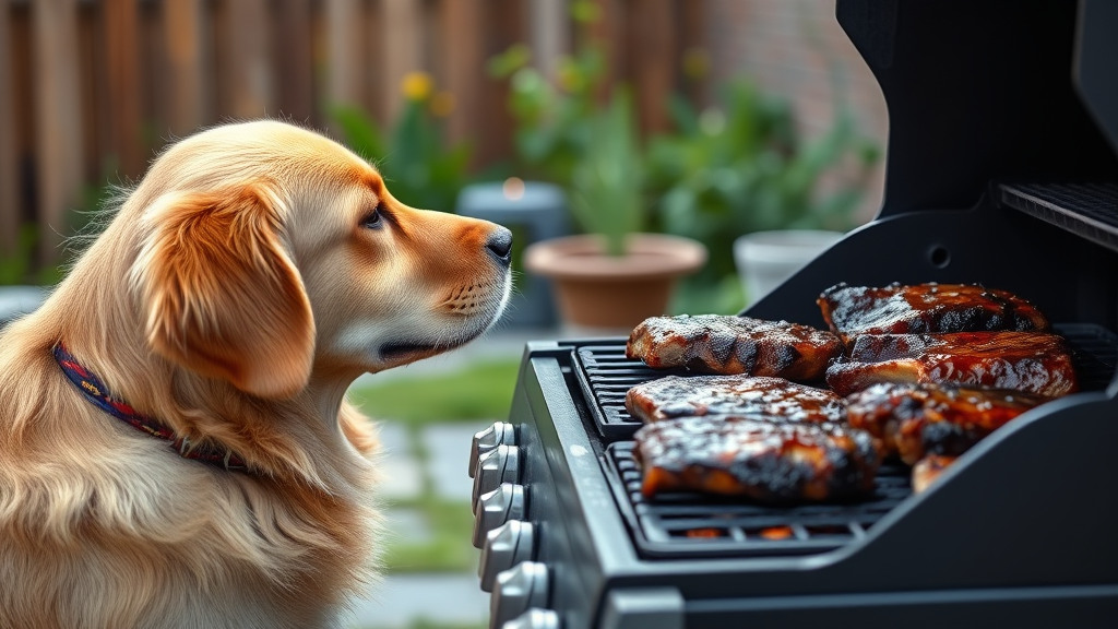 Golden retriever looking longingly at barbecue ribs on outdoor grill, summer backyard setting, no text no words no letters