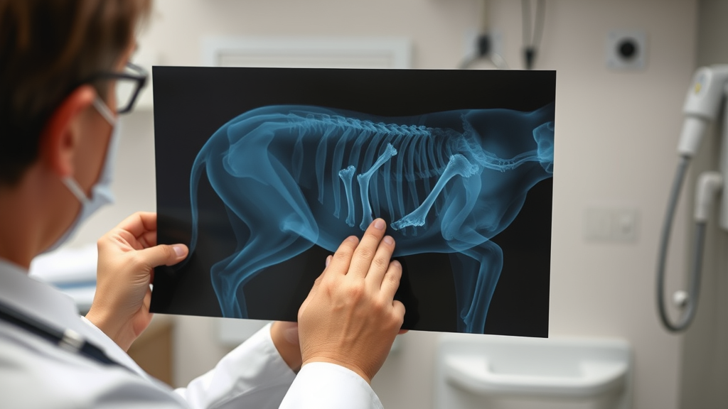 Veterinarian examining xray showing bone fragments in dog digestive system, medical office setting, no text no words no letters