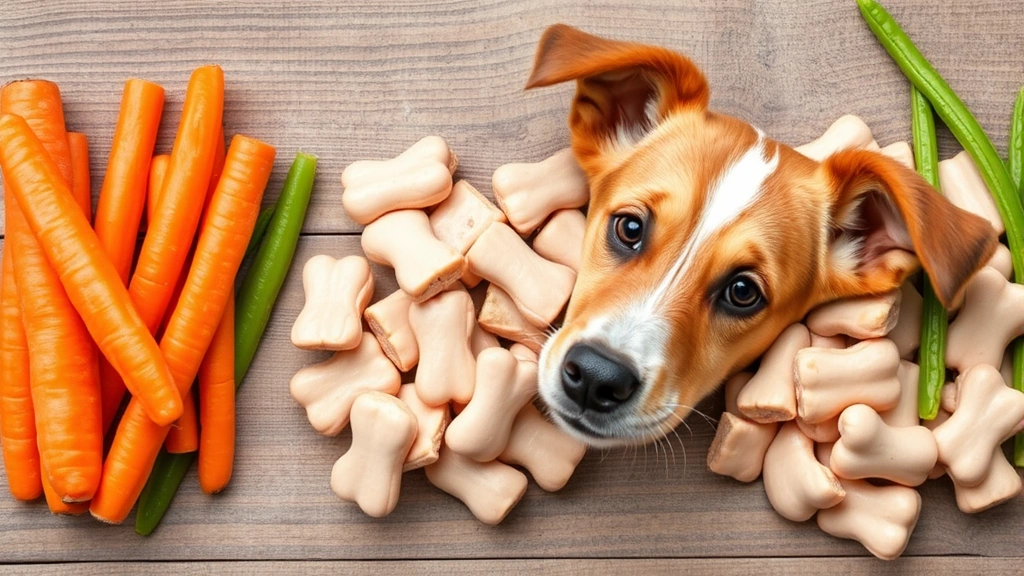 Healthy dog treat alternatives like carrots, green beans and plain cooked chicken, no text, no words, no letters