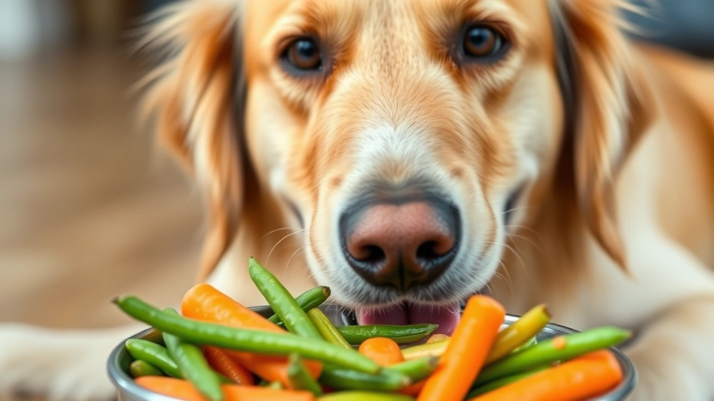 Close-up of a happy golden retriever looking at a bowl of crunchy vegetables including carrots and green beans, photorealistic style
