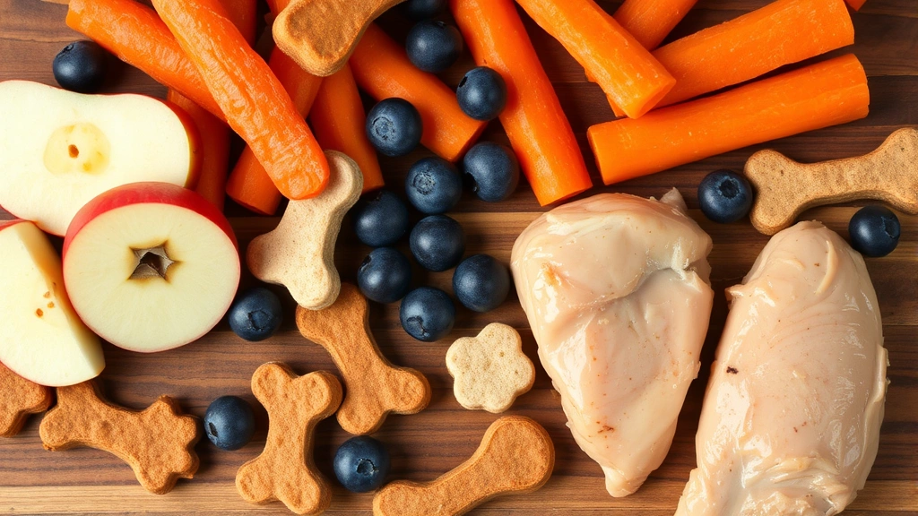 Overhead shot of various healthy dog treats including fresh apple slices, carrots, blueberries, and plain cooked chicken on a wooden surface