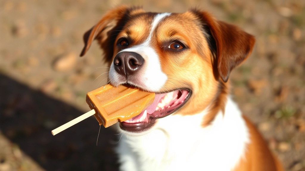 Cheerful brown and white dog enjoying a frozen treat made from pumpkin and peanut butter, photographed outdoors in natural lighting