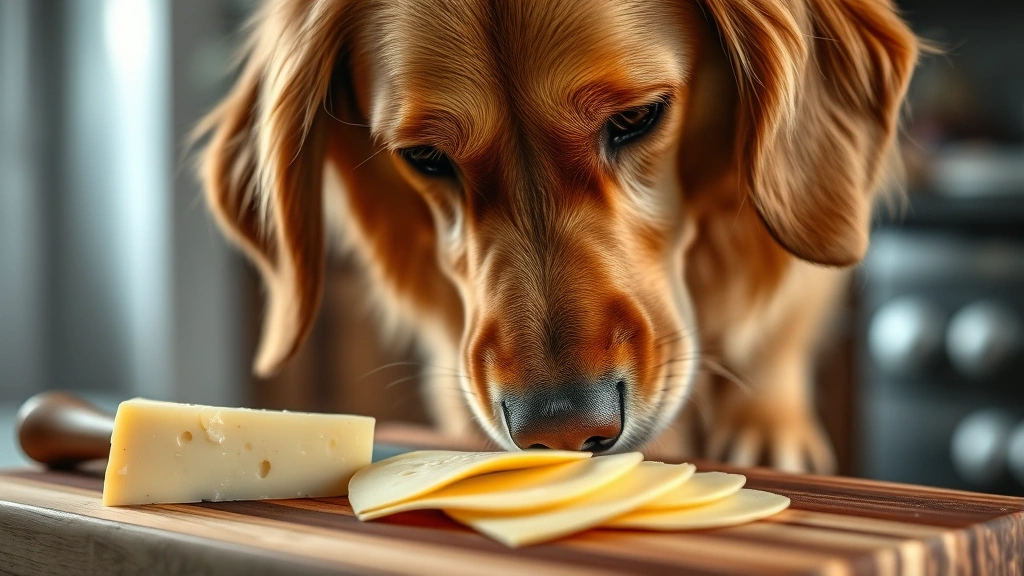 Close-up of a golden retriever sniffing a slice of provolone cheese on a wooden cutting board, soft kitchen lighting, shallow depth of field