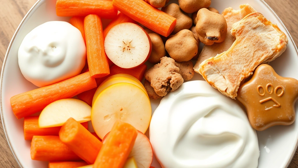 Assortment of dog-friendly treats including carrots, apple slices, cooked chicken, and plain yogurt arranged on a ceramic plate, natural daylight