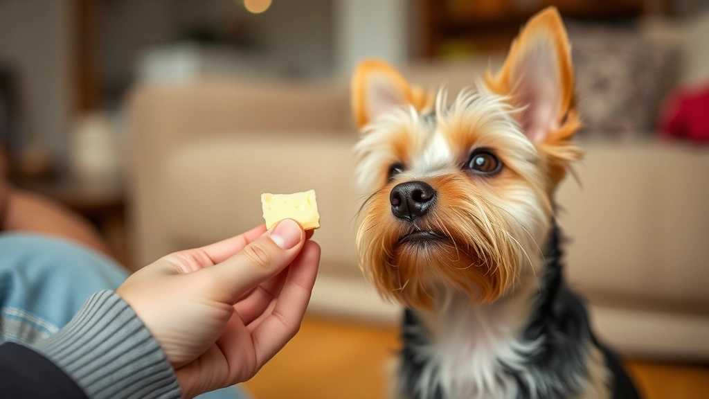 Small terrier dog looking up at owner holding a tiny piece of cheese, warm home setting, candid moment showing proper small portion size