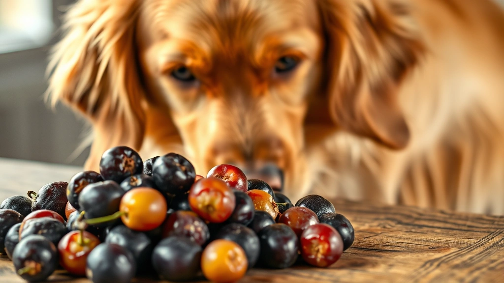Golden retriever looking at a pile of fresh prunes on a wooden table, curious expression, natural lighting, shallow depth of field