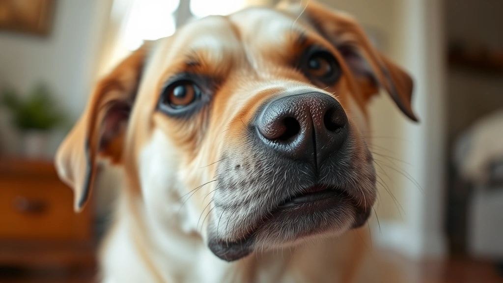 Close-up of a dog's face showing discomfort or digestive distress, sad eyes, indoor home setting, warm natural light