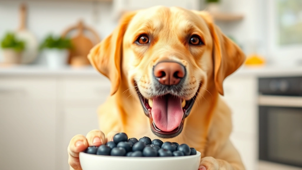 Cheerful yellow Labrador eating blueberries from a bowl, happy expression, bright kitchen background, fresh and healthy vibe