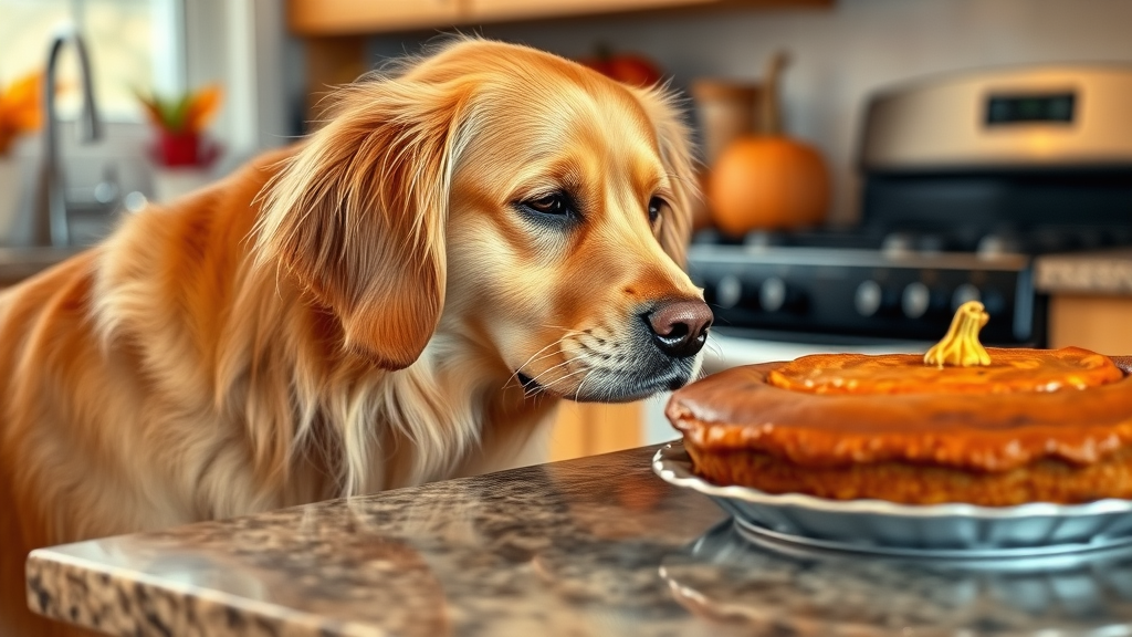 Golden retriever looking curiously at pumpkin pie on kitchen counter, autumn kitchen setting, warm lighting, no text no words no letters
