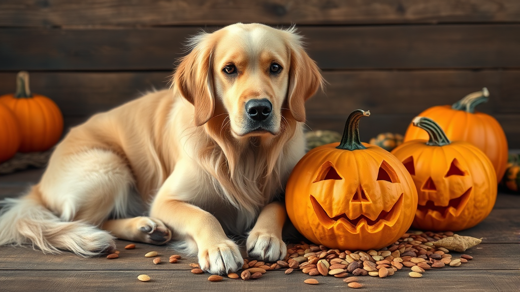 Golden retriever sitting next to carved pumpkins and scattered pumpkin seeds on wooden surface, autumn lighting, no text no words no letters