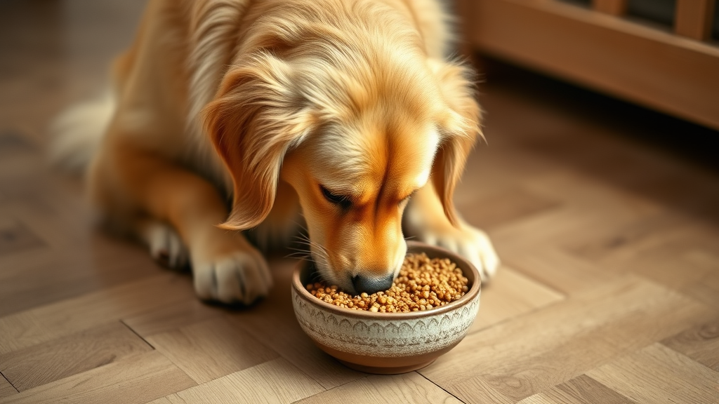 Golden retriever eating healthy quinoa meal from ceramic bowl on wooden floor no text no words no letters