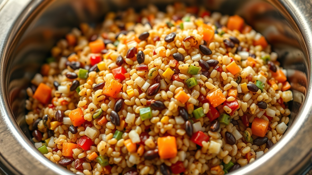 Colorful cooked quinoa seeds mixed with vegetables in dog bowl close up view no text no words no letters
