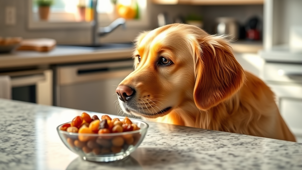 Golden retriever looking curiously at bowl of raisins on kitchen counter, natural lighting, no text no words no letters