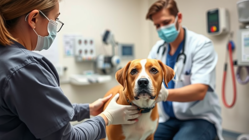 Veterinarian examining concerned dog while owner watches, clinical setting with medical equipment, no text no words no letters