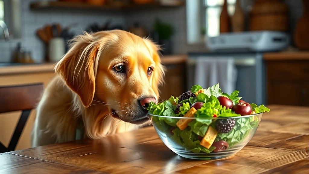 Golden Retriever looking at a salad bowl on a wooden table, curious expression, natural kitchen lighting