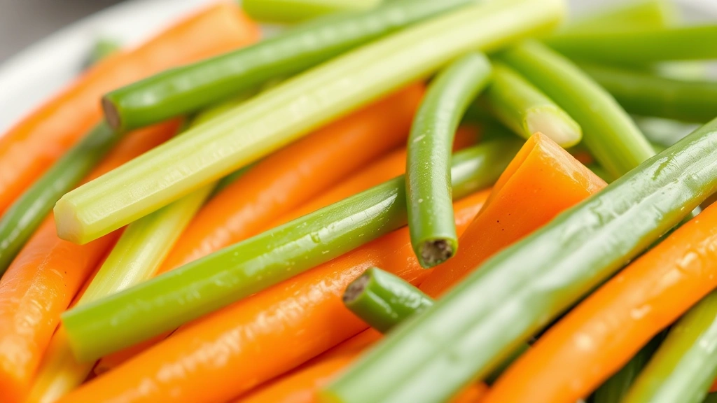Close-up of fresh dog-safe vegetables like carrots, celery, and green beans arranged on a plate, appetizing presentation