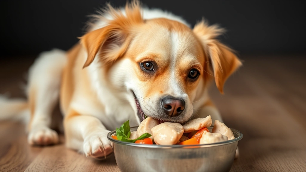 Happy medium-sized dog eating from a bowl containing plain cooked chicken pieces and vegetables, satisfied expression