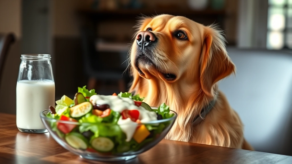Golden retriever looking up at a salad bowl with ranch dressing, sitting at a dining table, soft natural lighting, curious expression