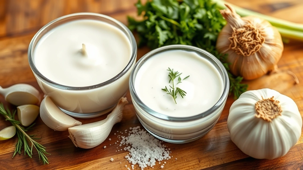 Close-up of ranch dressing ingredients displayed on a wooden surface: buttermilk, garlic cloves, onions, salt, herbs, bright kitchen lighting