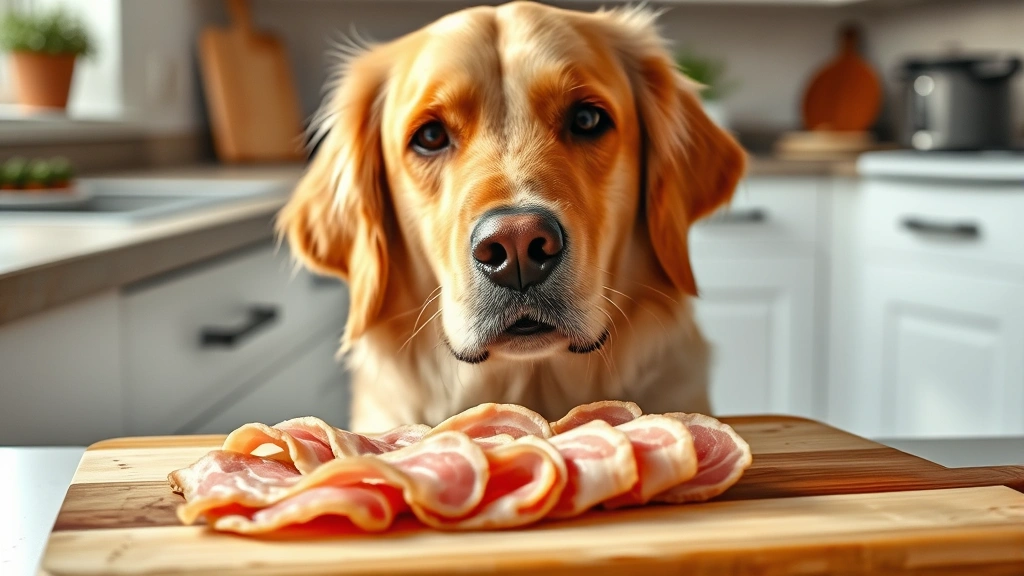 Golden retriever looking at strips of raw pink bacon on a wooden cutting board, curious expression, natural kitchen lighting, photorealistic style