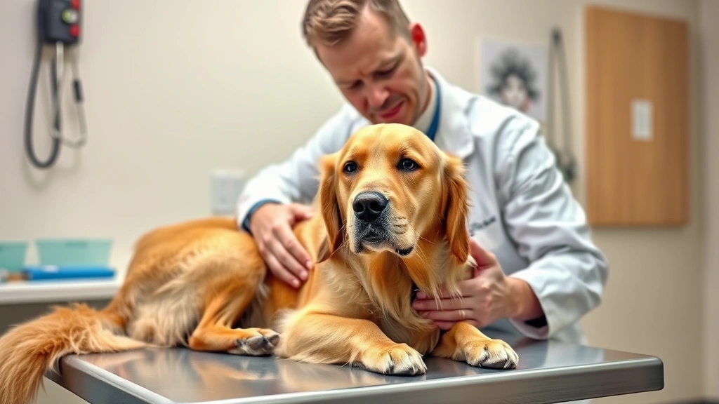 Veterinarian in white coat examining a sick golden retriever on examination table with concerned expression, clinical setting, photorealistic