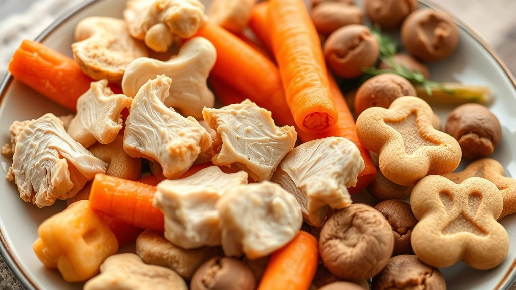 Close-up of various safe dog treats including cooked chicken pieces, carrots, and commercial dog treats arranged on a ceramic plate, appetizing presentation, photorealistic
