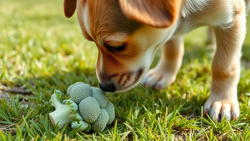 Small dog sniffing and examining a raw broccoli floret on the ground, curious expression, outdoor grass background with soft shadows