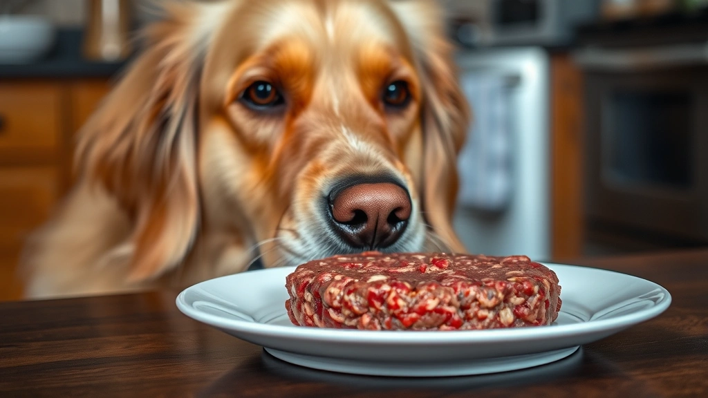 Close-up of a golden retriever's face looking at a raw ground beef patty on a plate, curious and interested expression, kitchen background