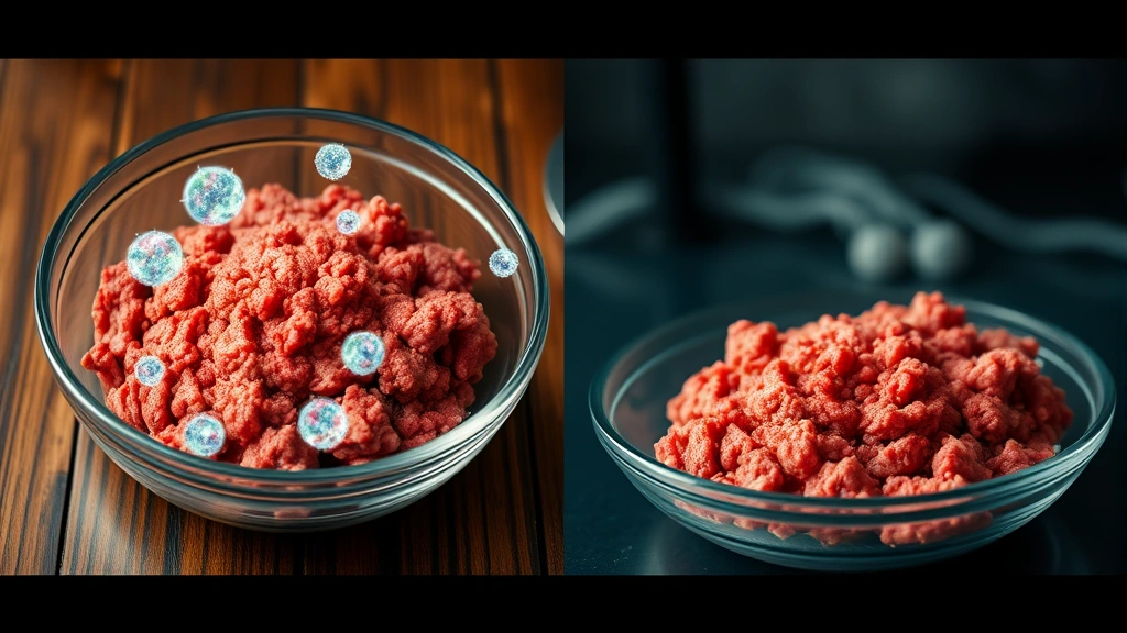 Split-screen comparison: left side shows raw ground beef in a bowl with bacteria visualization overlay, right side shows cooked ground beef, clinical style