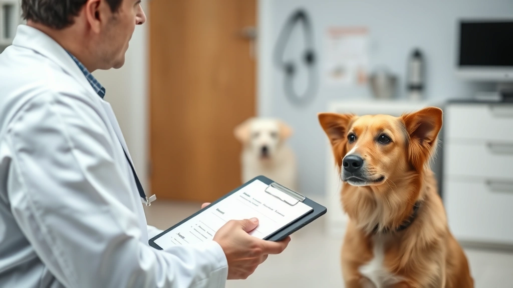 Veterinarian in white coat discussing with dog owner while holding a clipboard, friendly clinic setting with dog visible in background